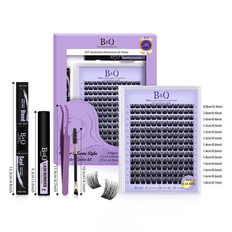 DIY  Individual Lashes Extension Kit, B&Qaugen 156pcs Clusters Lashes Kit, Waterproof B09 Eyelash Extension Kit 8-18mm with Lash Bond and Seal, Lash Glue Remover, Lash Tweezer for Diy Eyelash Extension At Home Makeup Cosmetic, Christmas Gift