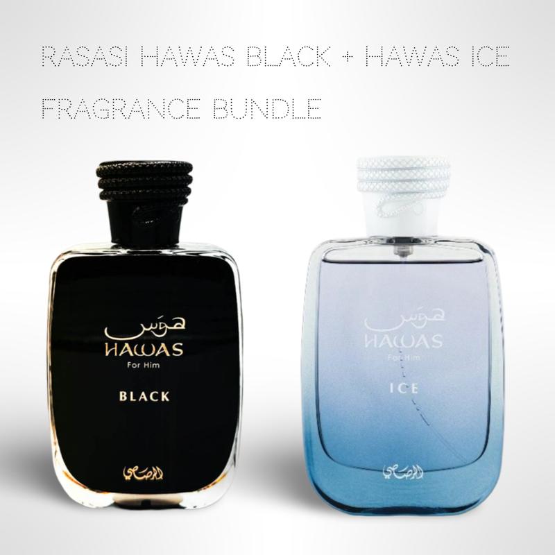 Rasasi Hawas Black + Hawas Ice 100ml (3.4 Fl oz) Long Lasting Perfume - Value Bundle - Fragrance Gift Bundle