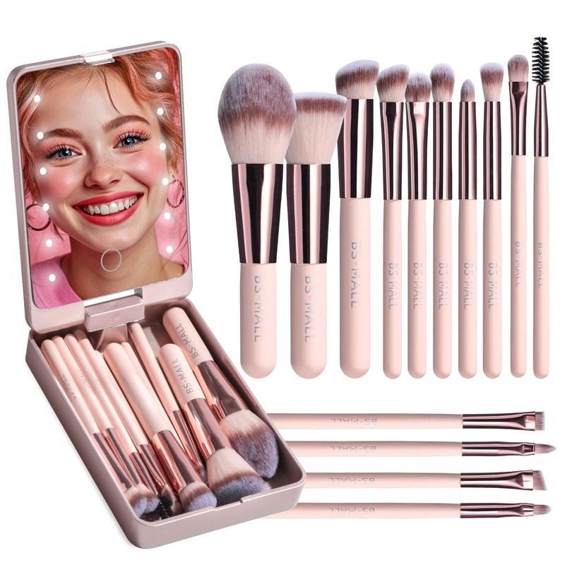 14-Piece Travel Makeup Brush Set with LED Light Mirror – Compact & Portable