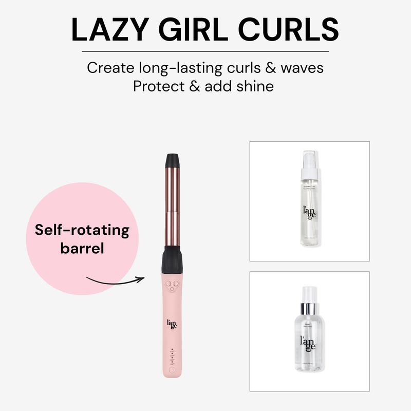 NEW! L’ange Lazy Girl Curls Starter  Pack - Le Pirouette Curling Iron, Satin Néctar 2oz, Rival Heat Protectant 4oz