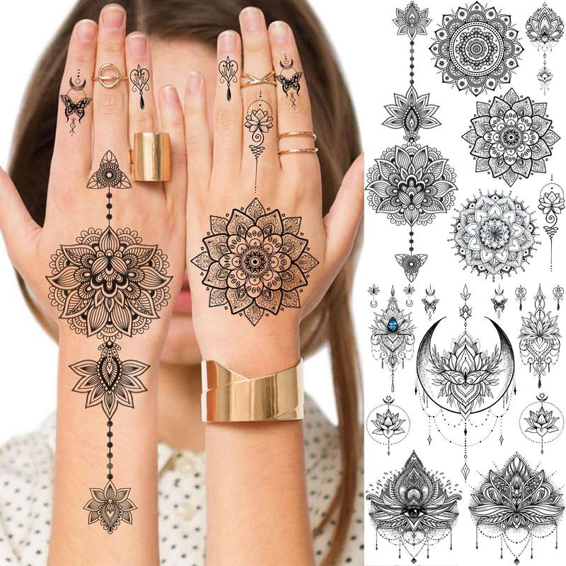 Henna Temporary Tattoo Sticker, 4 Counts Tribal Mehndi Lace Moon Mandala Flower Full Hand Fake Tattoo Sticker, Party Supplies for Women & Girls