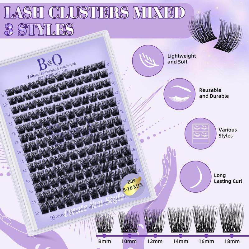 DIY  Individual Lashes Extension Kit, B&Qaugen 156pcs Clusters Lashes Kit, Waterproof B09 Eyelash Extension Kit 8-18mm with Lash Bond and Seal, Lash Glue Remover, Lash Tweezer for Diy Eyelash Extension At Home Makeup Cosmetic, Christmas Gift