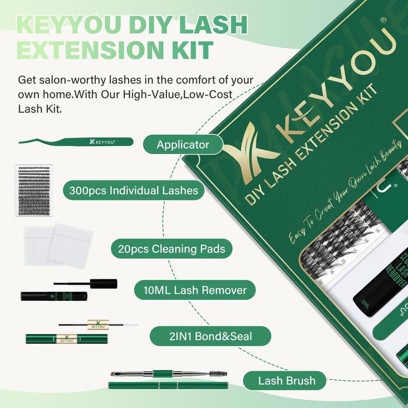 BlackFriday KEYYOU DIY Lash Clusters Kit Individual Lashes 40D 0.07D Curl 9-18MIX 300pcs Lash Extension Kit Waterproof Eyelash Extension Cosmetic