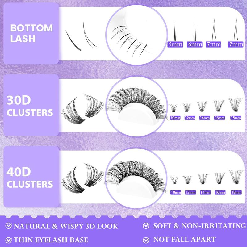 Geeneiya 10-18mm Lash Extension Kit with Bottom Lashes Cluster Eyelash Extensions D Curl Lash Clusters Kit with Waterproof Lash Bond and Seal, Lash Applicator for Beginners DIY at Home (0.05D)