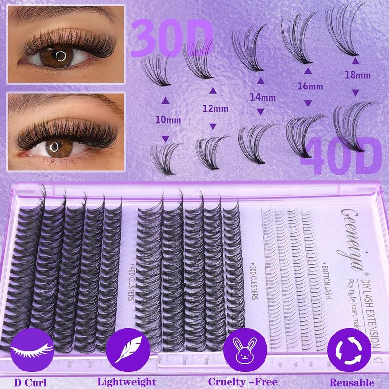 Geeneiya 10-18mm Lash Extension Kit with Bottom Lashes Cluster Eyelash Extensions D Curl Lash Clusters Kit with Waterproof Lash Bond and Seal, Lash Applicator for Beginners DIY at Home (0.05D)