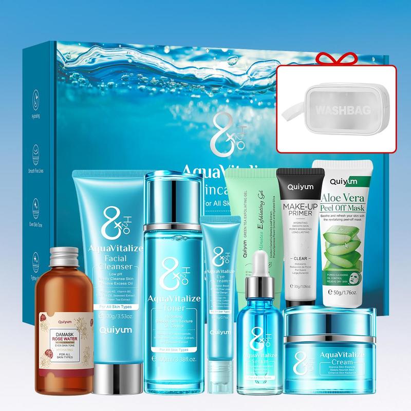 Water Light Skin Care Kit, 1 Set Moisturizing Facial Skincare Set, Including Facial Cleanser, Toner, Serum, Eye Cream, Face Cream, Mask, Gel, Makeup Primer, Rose Water