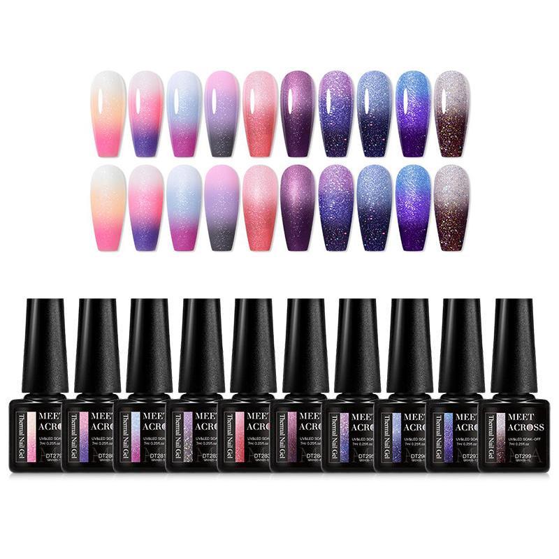 Glitter Thermal Color Changing Gel Nail Polish Set, 10pcs set 3-layers Ombre Nail Art Nail Gel, Semi Permanent UV Nail Gel, Nail Art & Nail Polish for Women & Girls