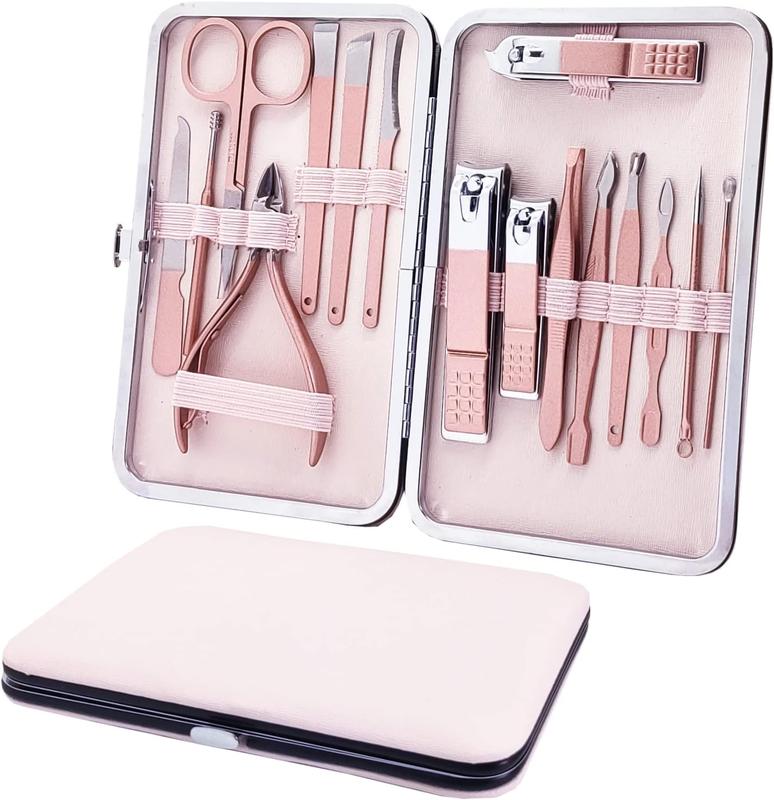 Manicure Set, Professional  Clippers Kit, Pedicure Care Tools, Professional Women  Kit - Stainless Steel with Pink Travel Case Set 16 count  Gift(Rose )