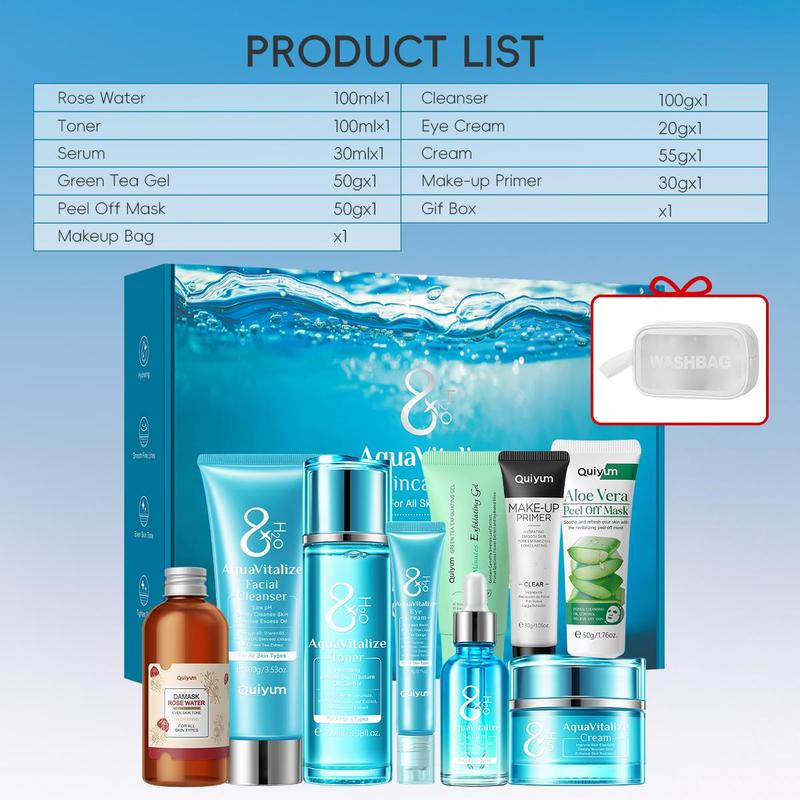 Water Light Skin Care Kit, 1 Set Moisturizing Facial Skincare Set, Including Facial Cleanser, Toner, Serum, Eye Cream, Face Cream, Mask, Gel, Makeup Primer, Rose Water