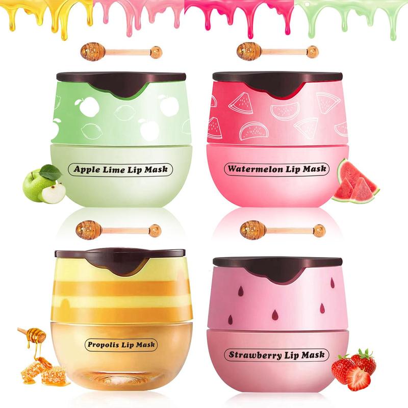 Bee Lip Balm Honey Pot with Sticks - Set of 4 Lip Balms with Watermelon, Apple and Strawberry Flavors - Lipgloss, Gloss Skincare Moisturize